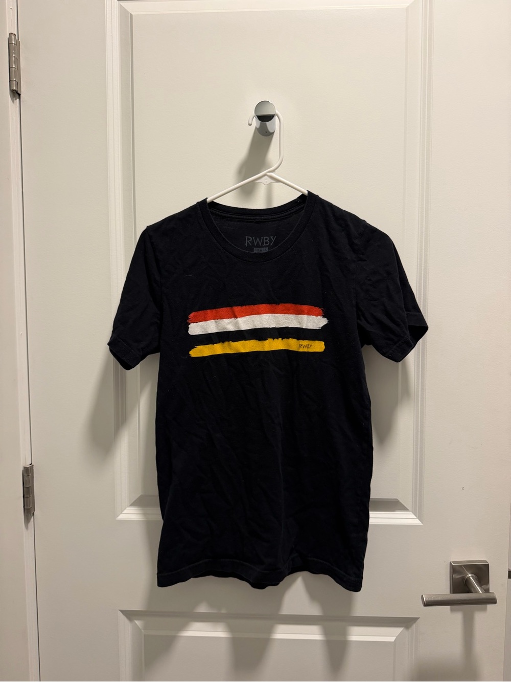 Black Short-Sleeve Graphic Tee with Red, White & Yellow Stripes